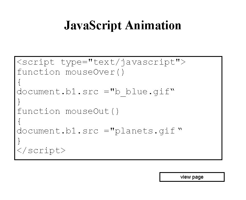 Java. Script Animation <script type="text/javascript"> function mouse. Over() { document. b 1. src ="b_blue.