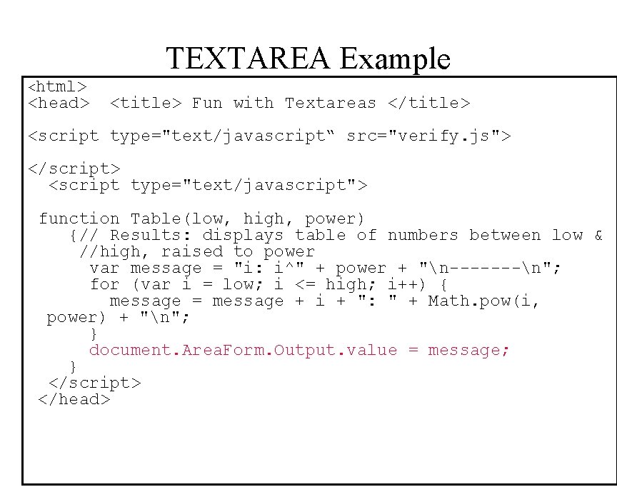 TEXTAREA Example <html> <head> <title> Fun with Textareas </title> <script type="text/javascript“ src="verify. js"> </script>