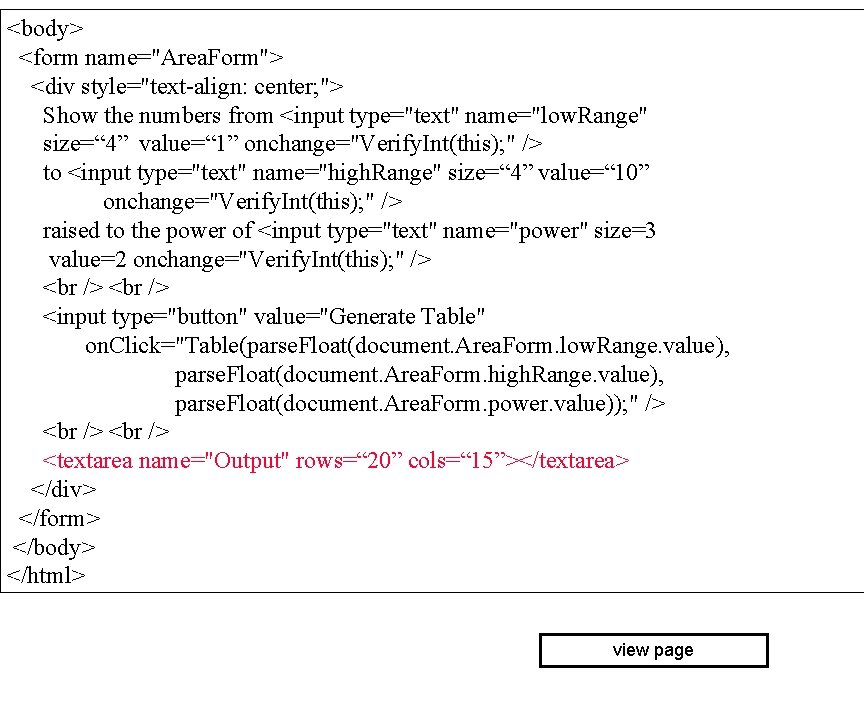 <body> <form name="Area. Form"> <div style="text-align: center; "> Show the numbers from <input type="text"