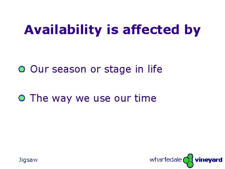Availability is affected by Our season or stage in life The way we use