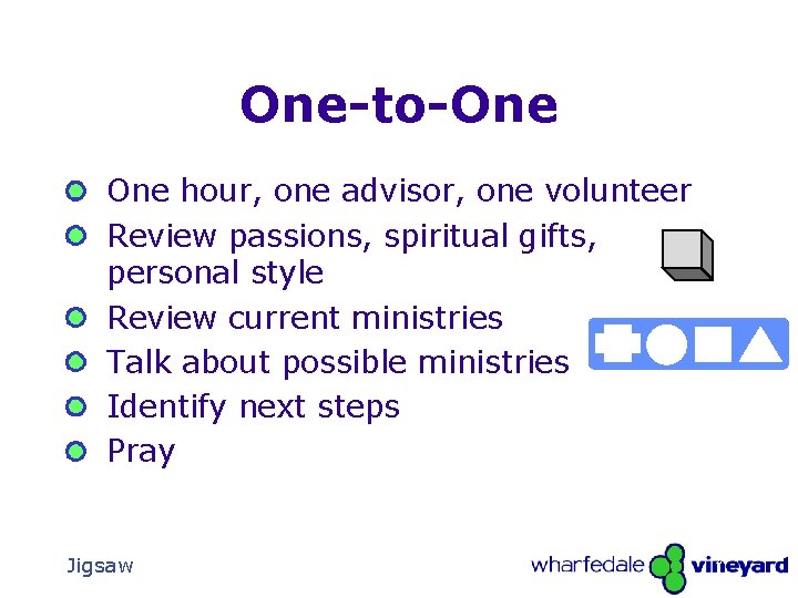 One-to-One hour, one advisor, one volunteer Review passions, spiritual gifts, personal style Review current