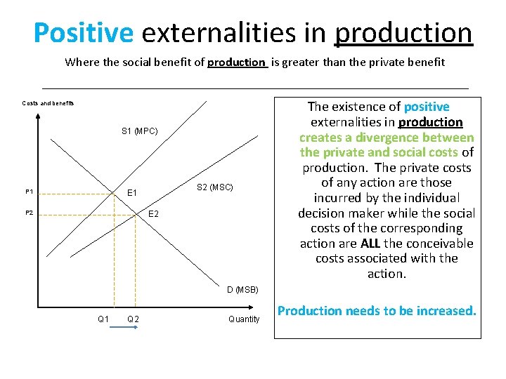 Positive externalities in production Where the social benefit of production is greater than the