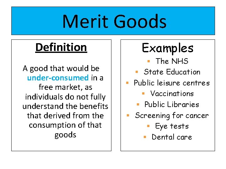 Merit Goods Definition A good that would be under-consumed in a free market, as