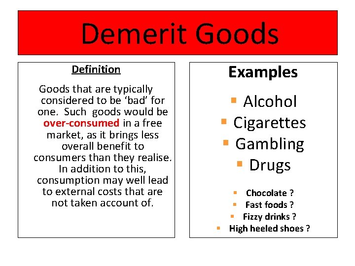 Demerit Goods Definition Goods that are typically considered to be ‘bad’ for one. Such