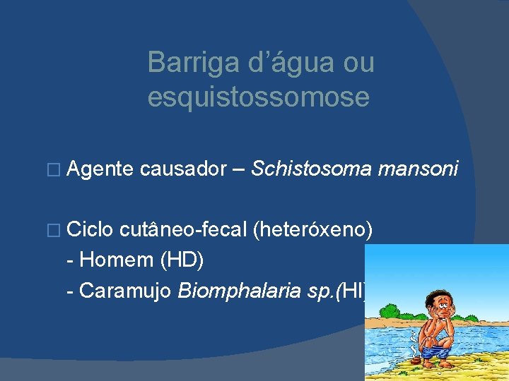 Barriga d’água ou esquistossomose � Agente � Ciclo causador – Schistosoma mansoni cutâneo-fecal (heteróxeno)