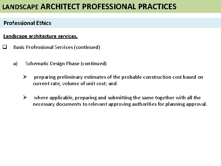 LANDSCAPE ARCHITECT PROFESSIONAL PRACTICES Professional Ethics Landscape architecture services. q Basic Professional Services (continued)