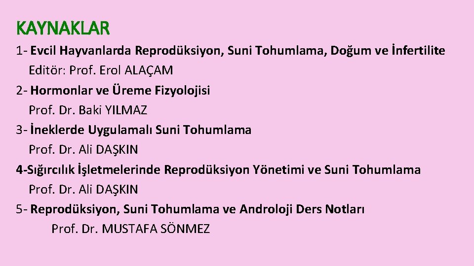 KAYNAKLAR 1 - Evcil Hayvanlarda Reprodüksiyon, Suni Tohumlama, Doğum ve İnfertilite Editör: Prof. Erol