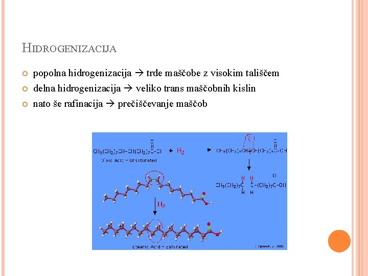 HIDROGENIZACIJA popolna hidrogenizacija trde maščobe z visokim tališčem delna hidrogenizacija veliko trans maščobnih kislin