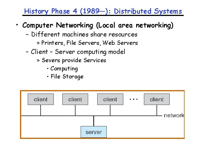 History Phase 4 (1989—): Distributed Systems • Computer Networking (Local area networking) – Different