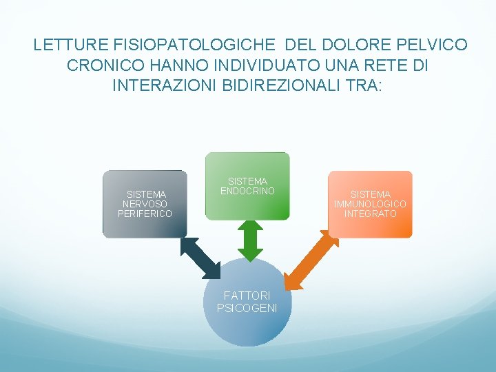 LETTURE FISIOPATOLOGICHE DEL DOLORE PELVICO CRONICO HANNO INDIVIDUATO UNA RETE DI INTERAZIONI BIDIREZIONALI TRA: