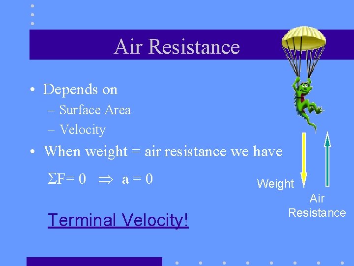 Air Resistance • Depends on – Surface Area – Velocity • When weight =