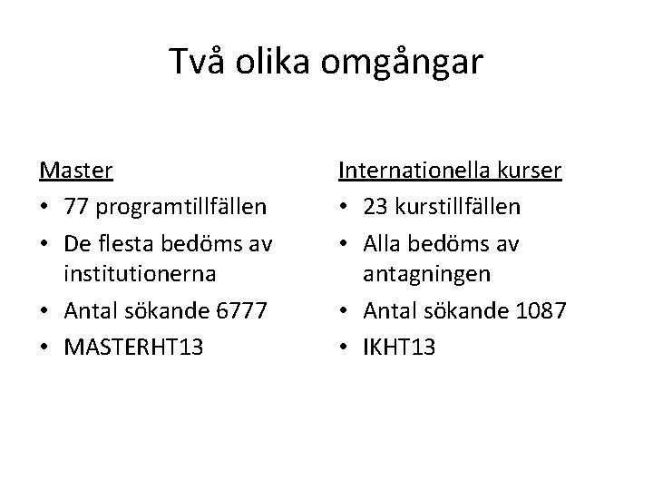 Två olika omgångar Master • 77 programtillfällen • De flesta bedöms av institutionerna •