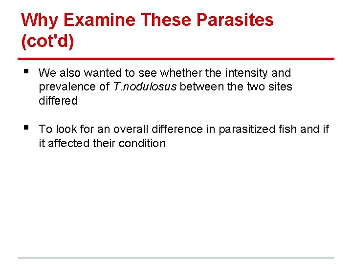 Why Examine These Parasites (cot'd) § We also wanted to see whether the intensity
