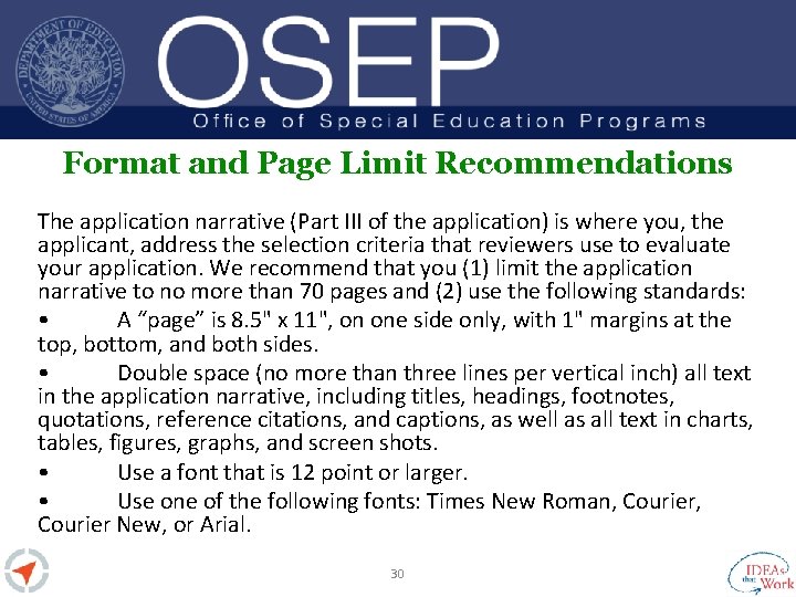 Format and Page Limit Recommendations The application narrative (Part III of the application) is