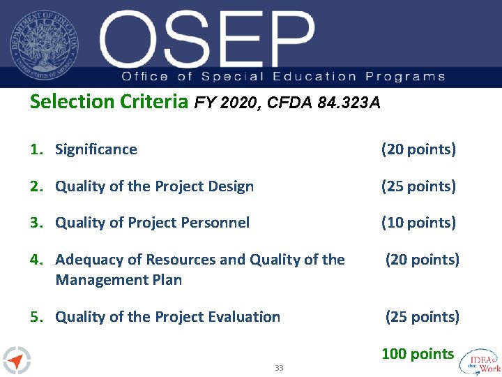 Selection Criteria FY 2020, CFDA 84. 323 A 1. Significance (20 points) 2. Quality