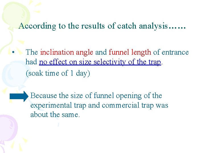 According to the results of catch analysis…… • The inclination angle and funnel length