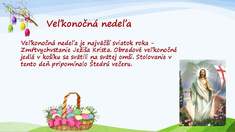 Veľkonočná nedeľa je najväčší sviatok roka Zmŕtvychvstanie Ježiša Krista. Obradové veľkonočné jedlá v košíku