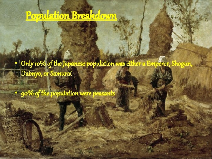 Population Breakdown • Only 10% of the Japanese population was either a Emperor, Shogun,