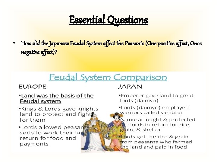 Essential Questions • How did the Japanese Feudal System affect the Peasants (One positive
