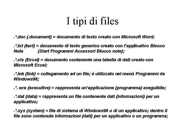 I tipi di files ● *. doc (. document) = documento di testo creato