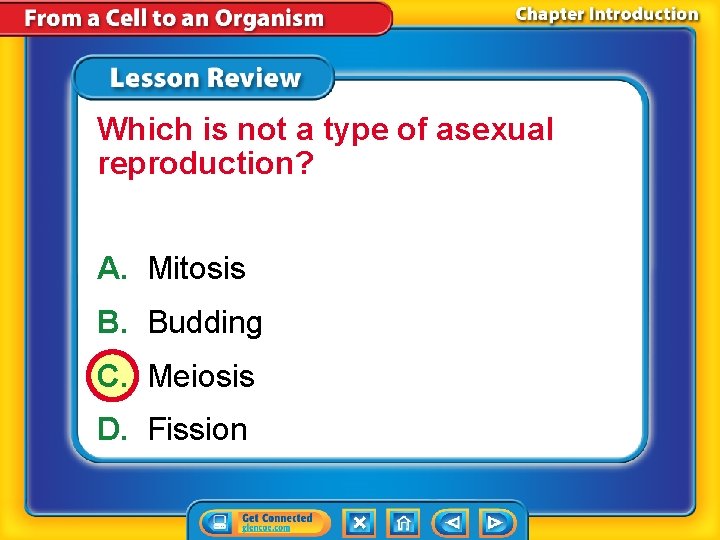 Which is not a type of asexual reproduction? A. Mitosis B. Budding C. Meiosis