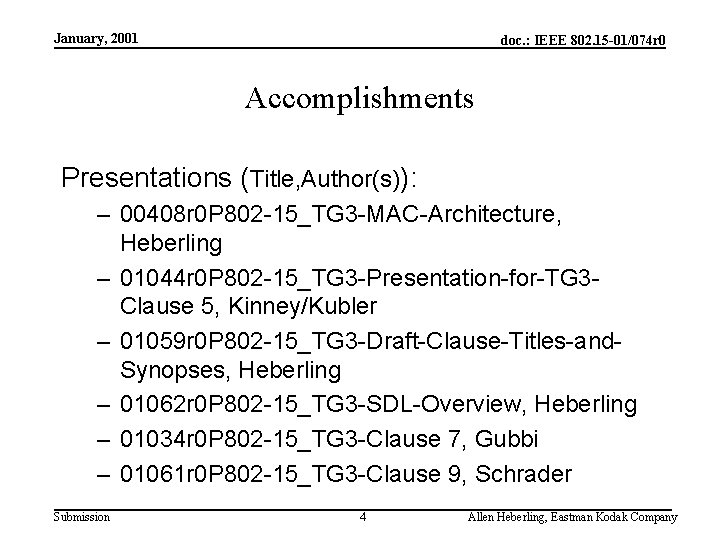 January, 2001 doc. : IEEE 802. 15 -01/074 r 0 Accomplishments Presentations (Title, Author(s)):