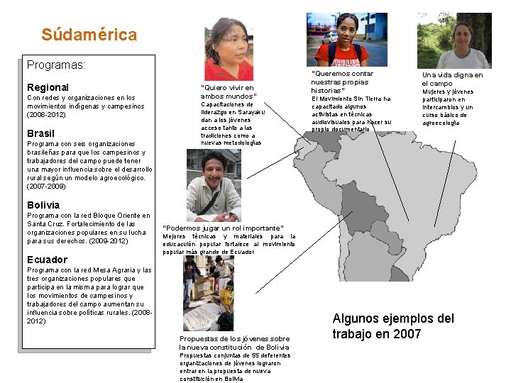 Súdamérica Programas: Regional Con redes y organizaciones en los movimientos indígenas y campesinos (2008