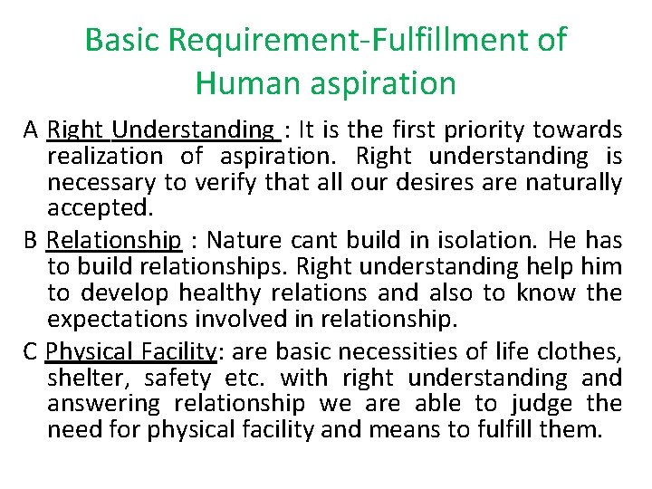 Basic Requirement-Fulfillment of Human aspiration A Right Understanding : It is the first priority