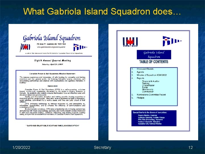 What Gabriola Island Squadron does… 1/20/2022 Secretary 12 