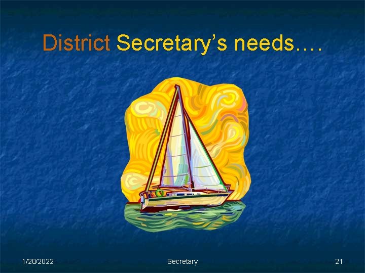 District Secretary’s needs…. 1/20/2022 Secretary 21 