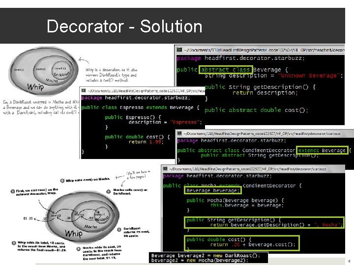 Decorator - Solution By composing and delegating, Condiments are “decorating” the cost and description