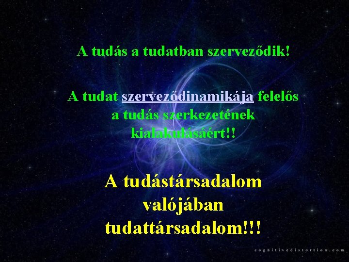 A tudás a tudatban szerveződik! A tudat szerveződinamikája felelős a tudás szerkezetének kialakulásáért!! A