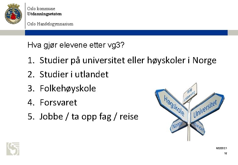 Oslo kommune Utdanningsetaten Oslo Handelsgymnasium Hva gjør elevene etter vg 3? 1. 2. 3.