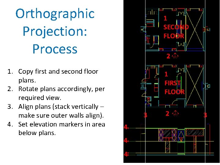 Orthographic Projection: Process 1. Copy first and second floor plans. 2. Rotate plans accordingly,