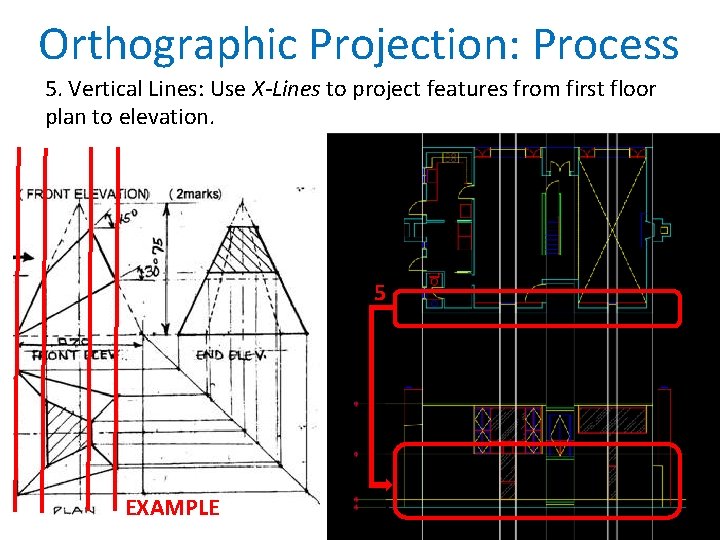 Orthographic Projection: Process 5. Vertical Lines: Use X-Lines to project features from first floor