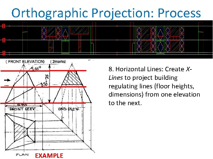 Orthographic Projection: Process 8 8. Horizontal Lines: Create XLines to project building regulating lines