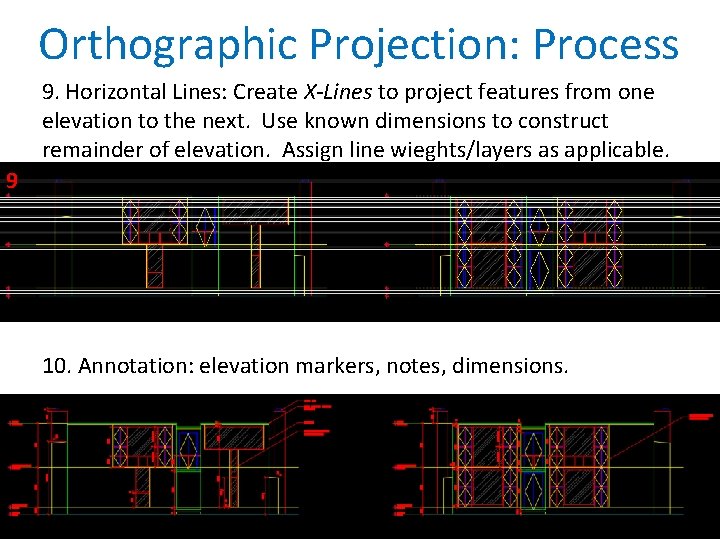 Orthographic Projection: Process 9. Horizontal Lines: Create X-Lines to project features from one elevation