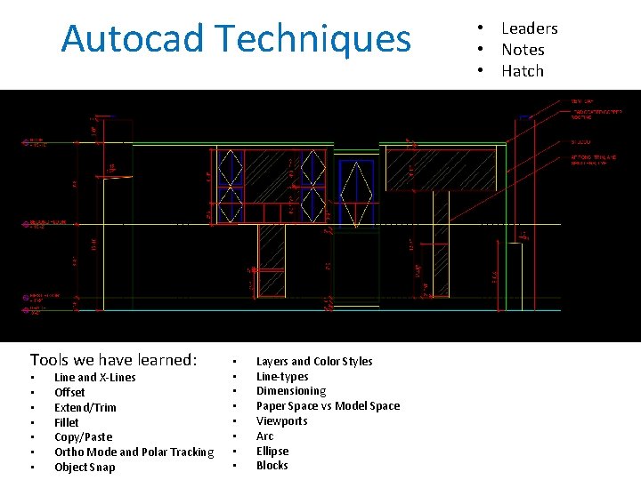 Autocad Techniques Tools we have learned: • • Line and X-Lines Offset Extend/Trim Fillet
