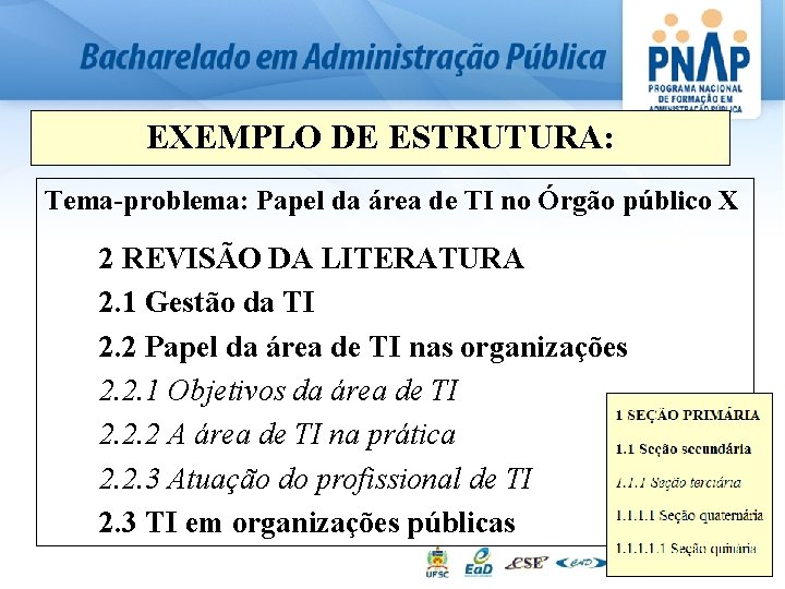 EXEMPLO DE ESTRUTURA: Tema-problema: Papel da área de TI no Órgão público X 2