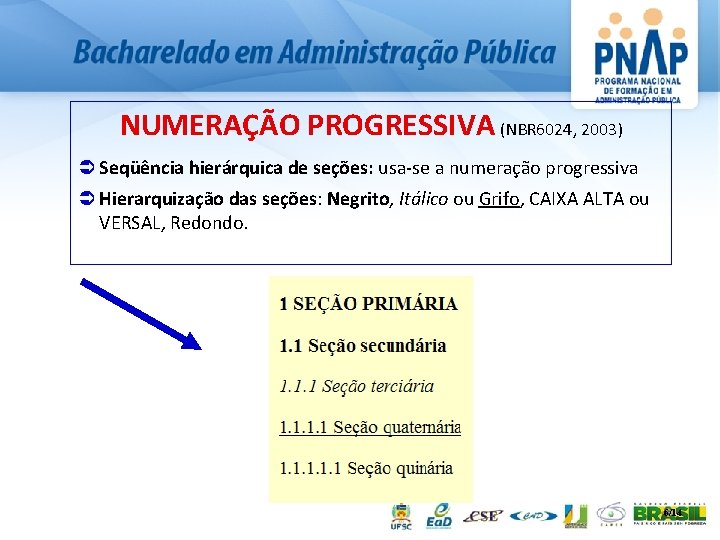 NUMERAÇÃO PROGRESSIVA (NBR 6024, 2003) Ü Seqüência hierárquica de seções: usa-se a numeração progressiva