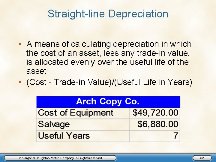 Straight-line Depreciation • A means of calculating depreciation in which the cost of an