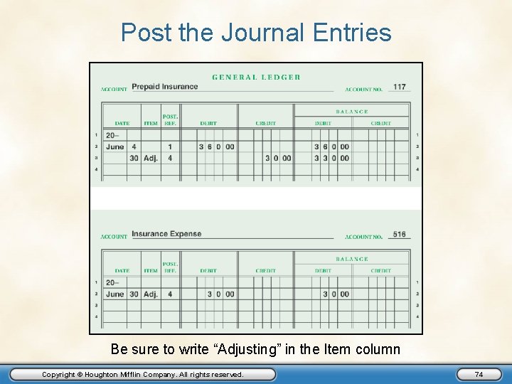 Post the Journal Entries Be sure to write “Adjusting” in the Item column Copyright