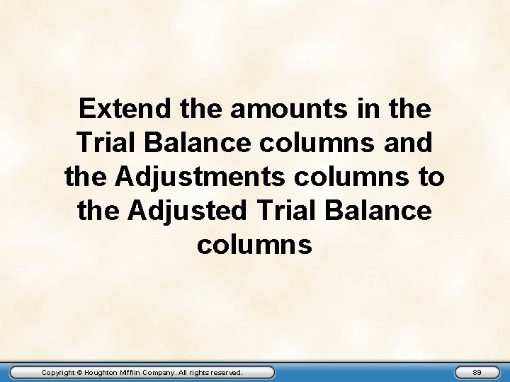 Extend the amounts in the Trial Balance columns and the Adjustments columns to the
