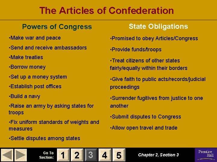 The Articles of Confederation State Obligations Powers of Congress • Make war and peace