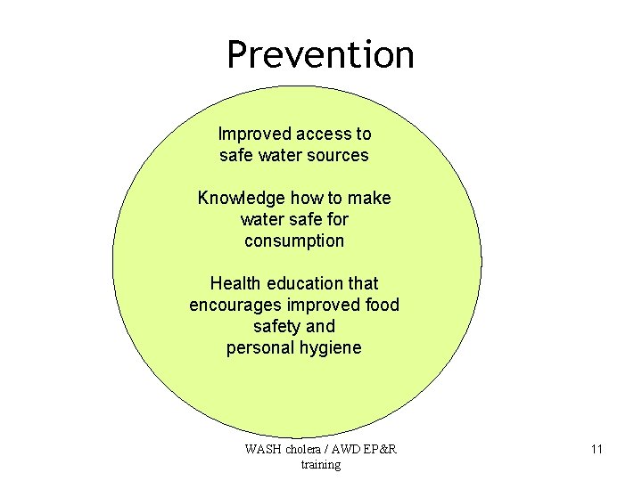 Prevention Improved access to safe water sources Knowledge how to make water safe for