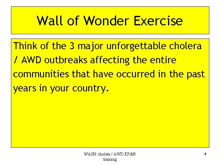 Wall of Wonder Exercise Think of the 3 major unforgettable cholera / AWD outbreaks