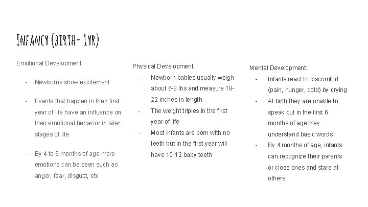 Infancy (birth- 1 yr) Emotional Development: - Newborns show excitement Physical Development: - 22
