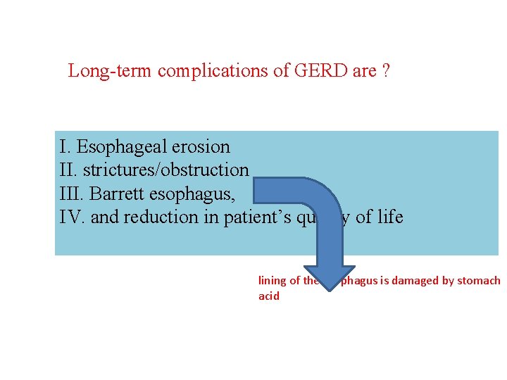 Long-term complications of GERD are ? I. Esophageal erosion II. strictures/obstruction III. Barrett esophagus,