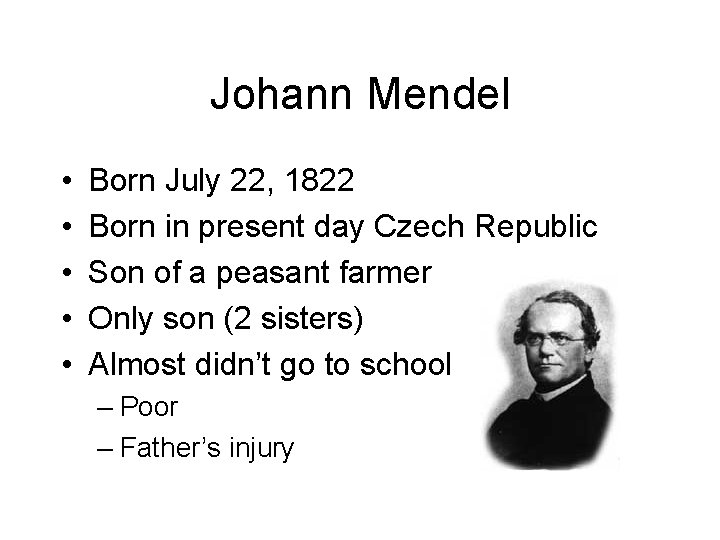 Johann Mendel • • • Born July 22, 1822 Born in present day Czech