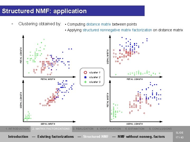Structured NMF: application § Clustering obtained by: • Computing distance matrix between points SEPAL